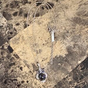 Silver Owl Pendant Necklace with Black Pearl - Women's Jewelry